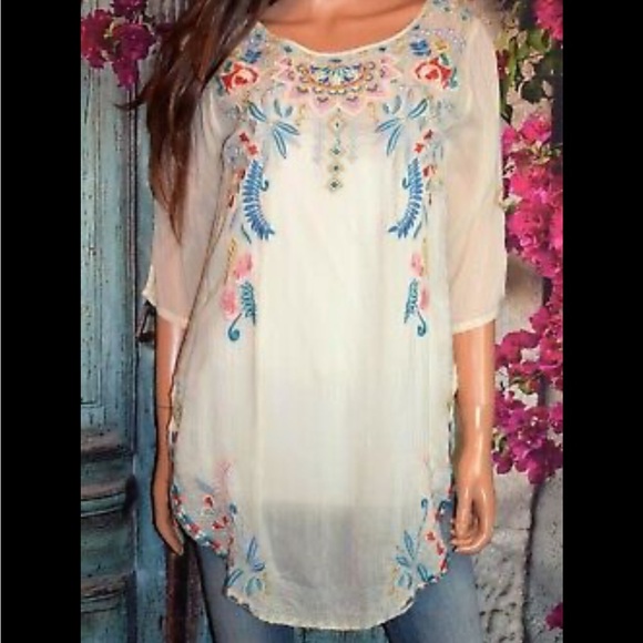 NWT JOHNNY WAS Sindri Floral Embroidered Tunic Size Medium light pink - Picture 1 of 10